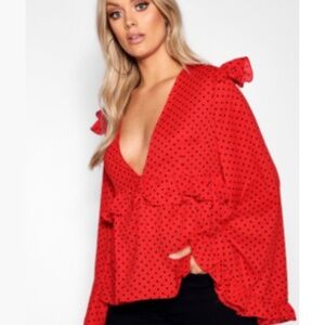 Boohoo Polka Dot Blouse with wide sleeves and ruffles